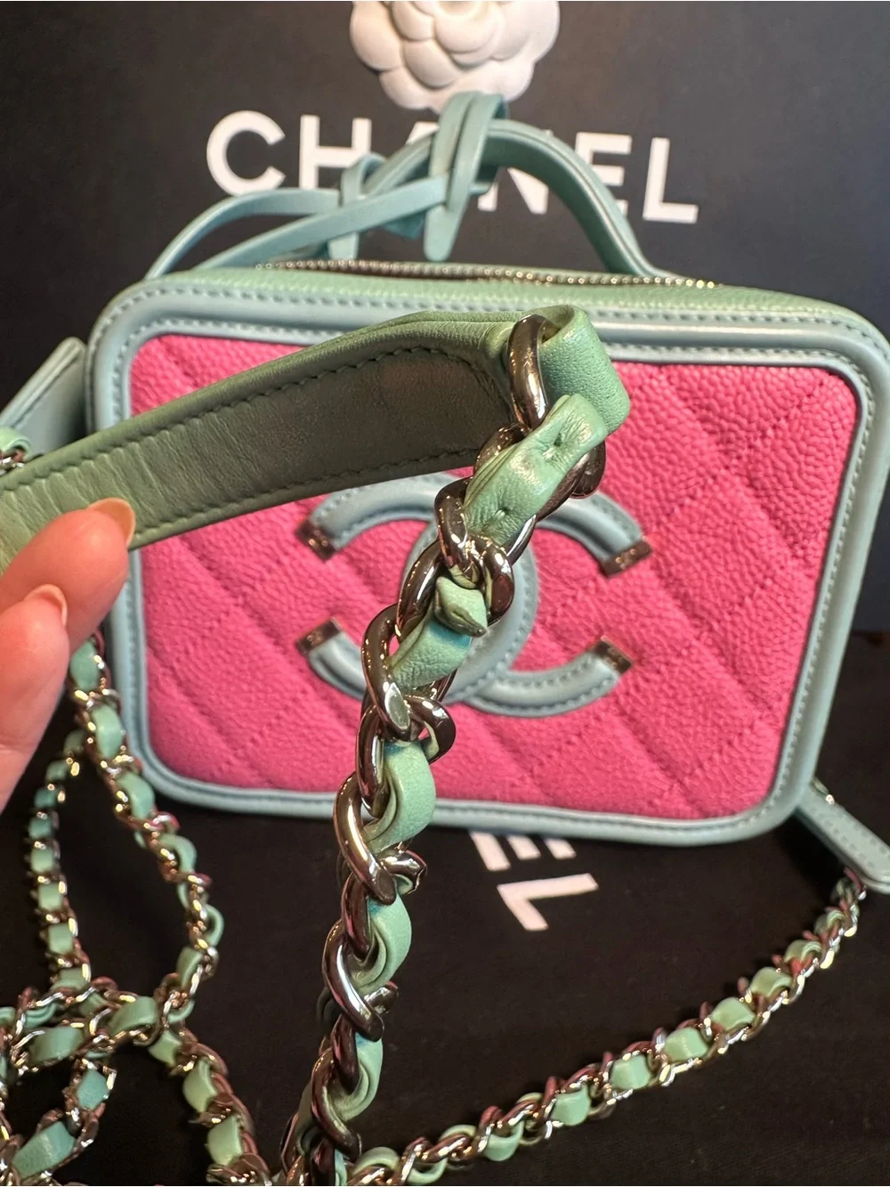 Chanel CC Filigree Small Vanity Case Pink Green Caviar Leather Crossbody